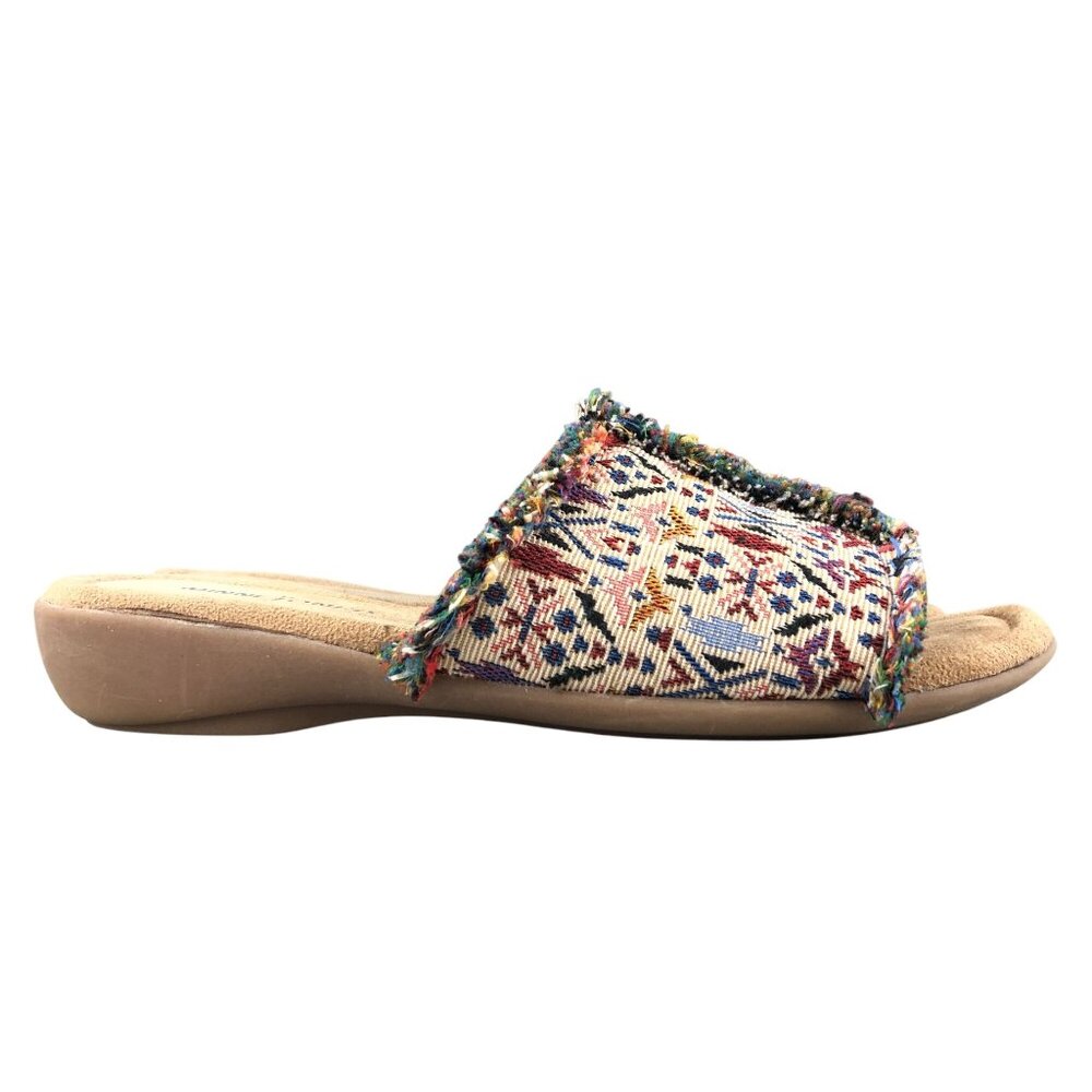 Minnetonka Women's Size 8W Samara Beige Multi Fabric Open Toe Slip On Sandals